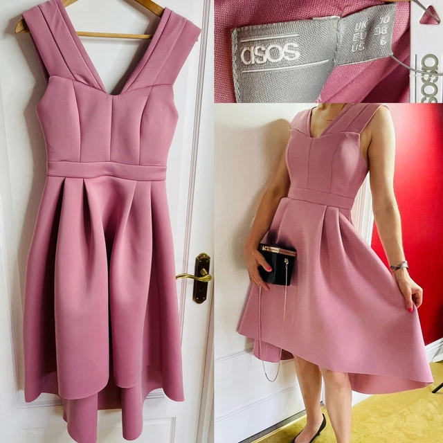 Abito nuovo con etichette Asos rosa malva immersione posteriore ballo damigella d'onore principessa linea 10
