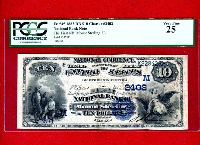 1882 $10 Blue Seal Fr545 Date On Reverse Mt Sterling Illinois Ch#-2402 Pcgs 25