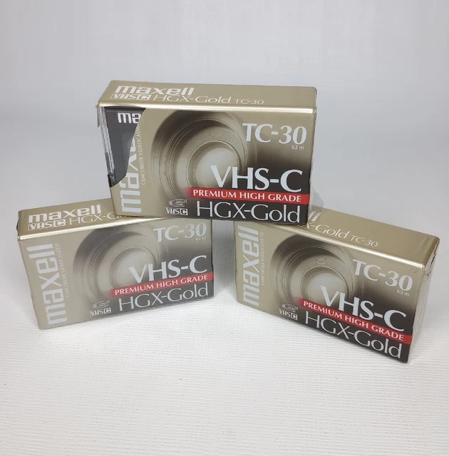 Lote de 3 casetes de video Maxell TC-30 HGX-Gold VHS-C premium de alto grado nuevos
