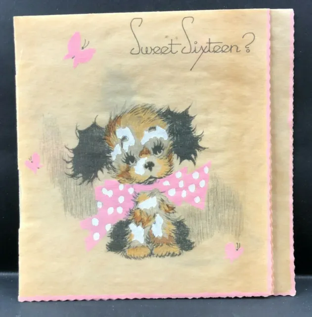 VTG Vollani Plastic Vellum Card Puppy Dog Hand Painted Sweet Sixteen 16 Birthday