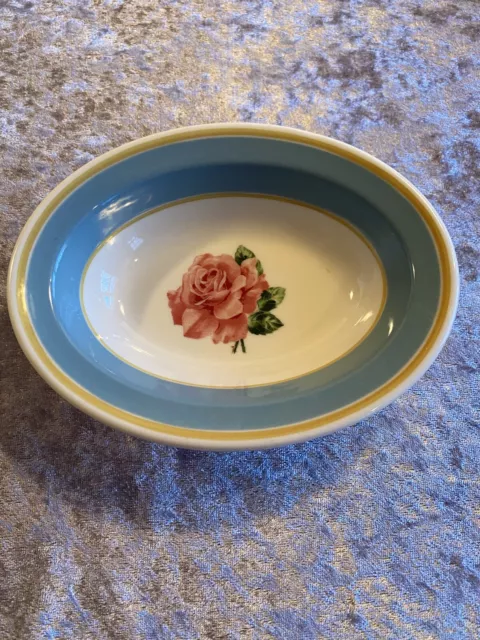 (4) Syracuse China 5-3/4" Fruit/Relish Bowl. Rose, Aqua-Yellow Trim. USA.