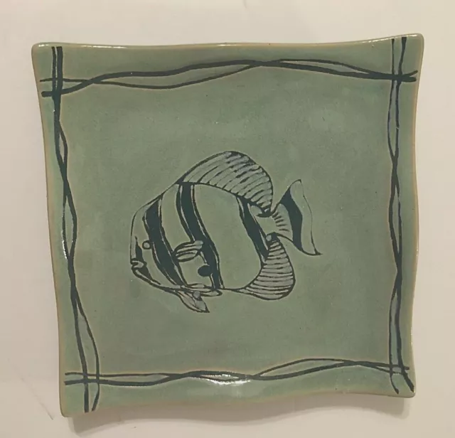 STUDIO NOVA Mystic Cove Green Square Salad Plate Fish HA101 Ceramic Vintage