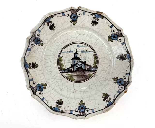 Assiette en faience de Nevers décor chateau ferme 18eme