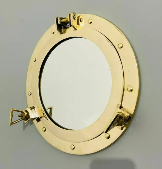 11" Antique Brass Finish Porthole Mirror ~ Nautical Maritime Wall Decor ~ Window