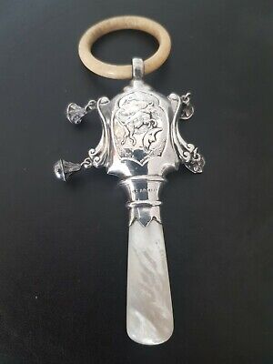 Superb Antique Silver & Mother of Pearl Baby's Rattle c1919 birm Adie & lovekin