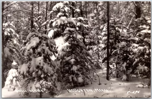 Snow Scene Houghton Michigan MI Pine Trees Real Photo RPPC Postcard
