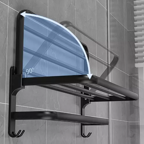 Towel Rack Folding Holder with Hook Bathroom Wall Mount Rail Shower Hanger Shelf