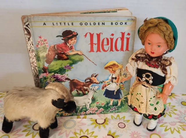 Vintage German Celluloid Mechanical dancing Heidi Doll / Book / Steiff Goat