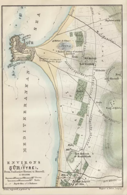 Tyros und Umgebung Ṣūr Libanon KARTE von 1912 Brücke Alexander der Große