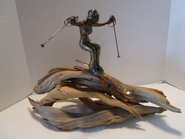 Jere Style Metal Sculpture Female Downhill Skier driftwood signed 18½" W '94 VTG