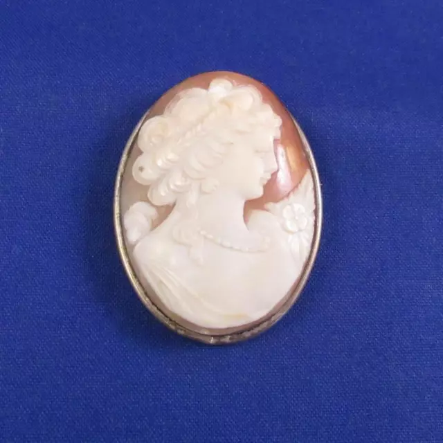Antique Hand Carved Shell CAMEO Lady .800 SILVER Pin Brooch Pendant