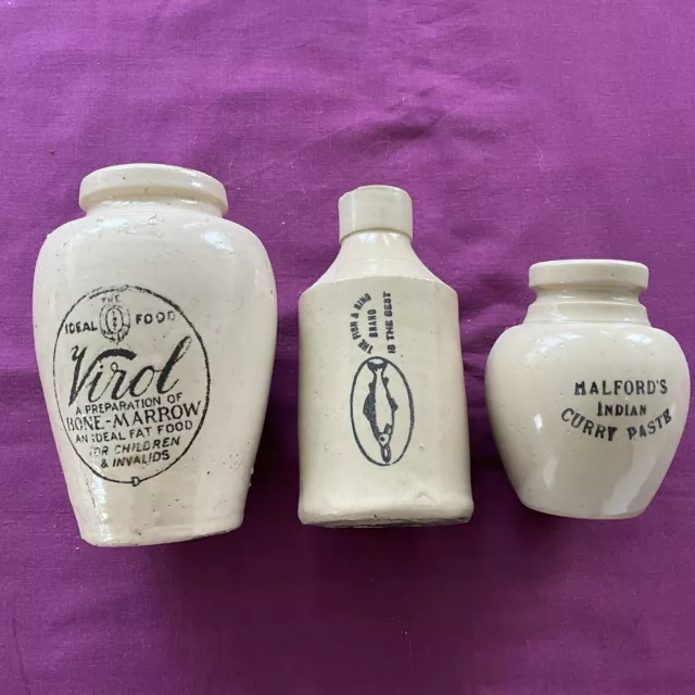 3 X Victorian Antique Vintage Stoneware Printed Perfect Condition pots Jars LOOK
