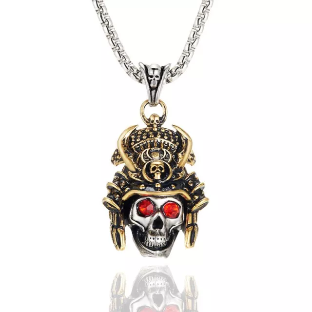 Mens Cool Japanese Samurai Gold Skull Pendant Necklace Stainless Steel