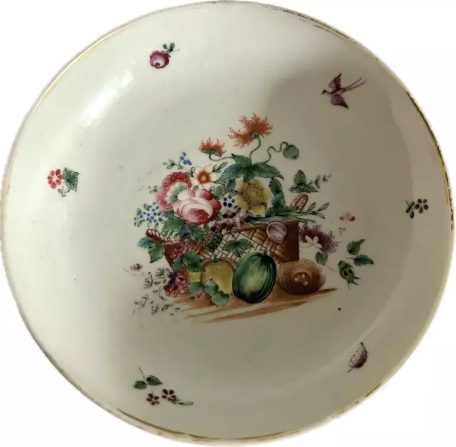 18th Century c1700 Porcelain Tea Bowl Plate Hand-painted Flowers Fruit Birds