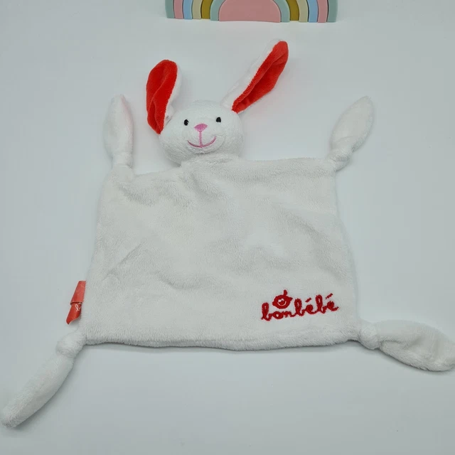12 - Doudou Peluche Lapin Plat Blanc Rouge Bonbebe Neuf