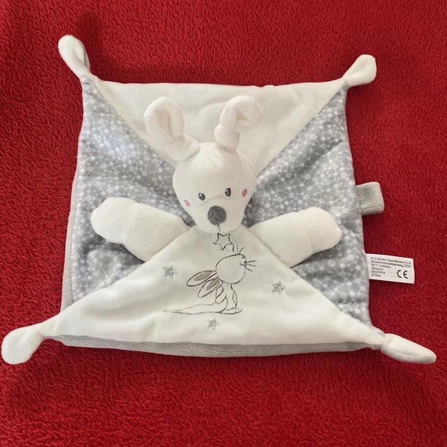 🇫🇷Doudou Lapin blanc gris étoiles argentées att tétine SIMBA TOYS KIABI NEUF