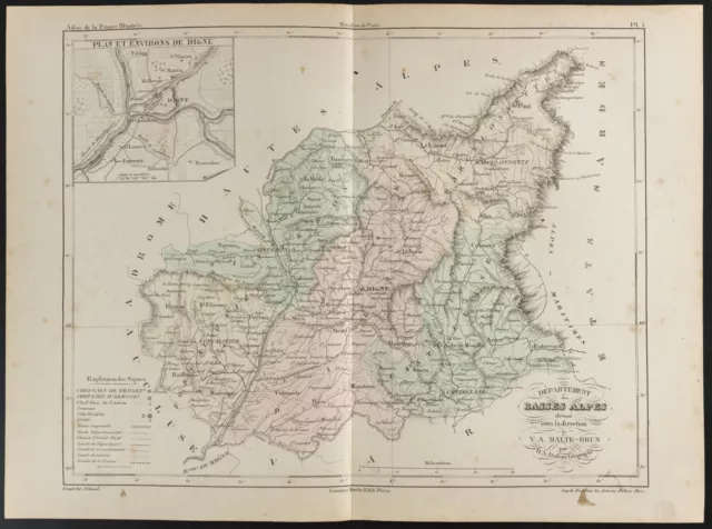 1855 - Carte ancienne du département des Alpes-de-Haute-Provence (Basses Alpes),