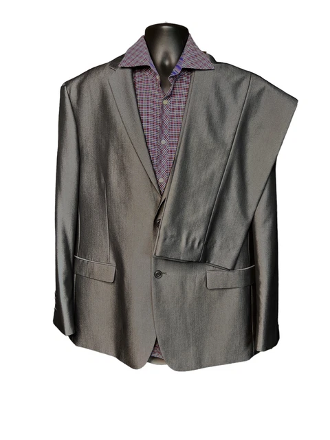 VTG Y2K Drk Gray SHARKSKIN Sheen 2 Pc SUIT 48L Pant 42x30 Super150s Westend Mens