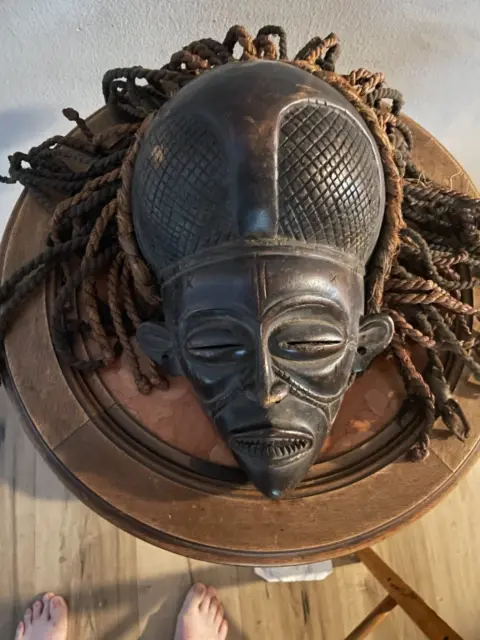 Authentic African Manu PWO Mask Chokwe Tribe DR Congo  and Rope Hair Carved