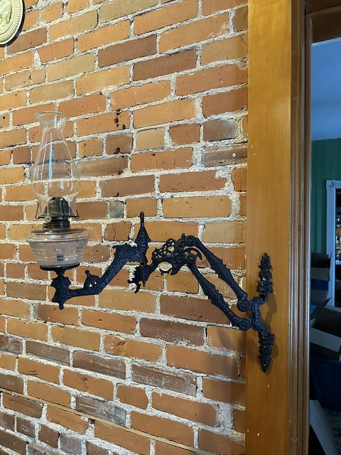 RARE Trigger Dated 1883 Cast-Iron Double Swing Arm Bracket Wall Hanging Oil Lamp