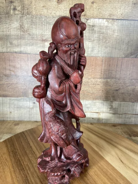12" Shou Lao Shou Xing Chinese God of Longevity Hand Carved Wood Statue