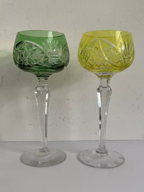 Pair Vintage Bohemian Colored Crystal Glass Wine Glasses