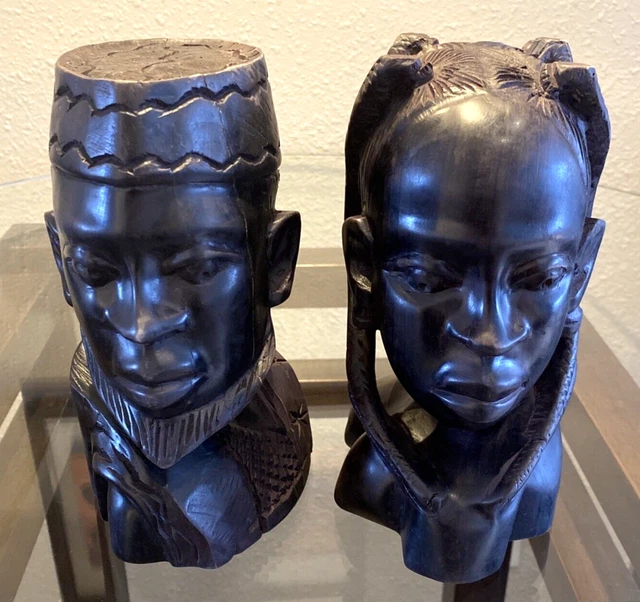 VINTAGE AFRICAN EBONY Wood Bust Statues Carving Pair Man Woman Head ...