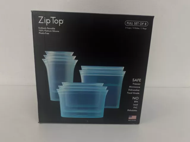 Zip Top 8 Pack Reusable 100% Platinum Silicone Food Containers Microwave BLUE