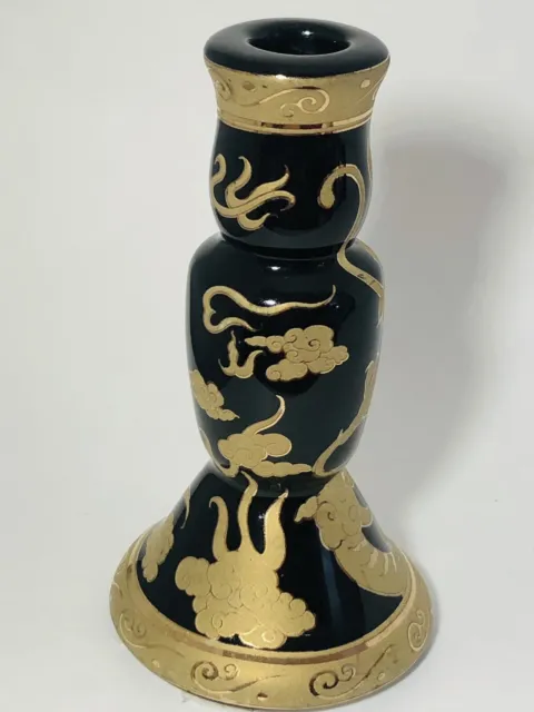 Vintage Asian Hand painted Candlestick Holder 6 1/8” Black Gold Dragon