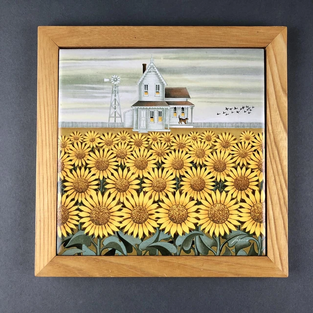 Lowell Herrero Sunflowers Tile Trivet Signed Wood Framed 1982