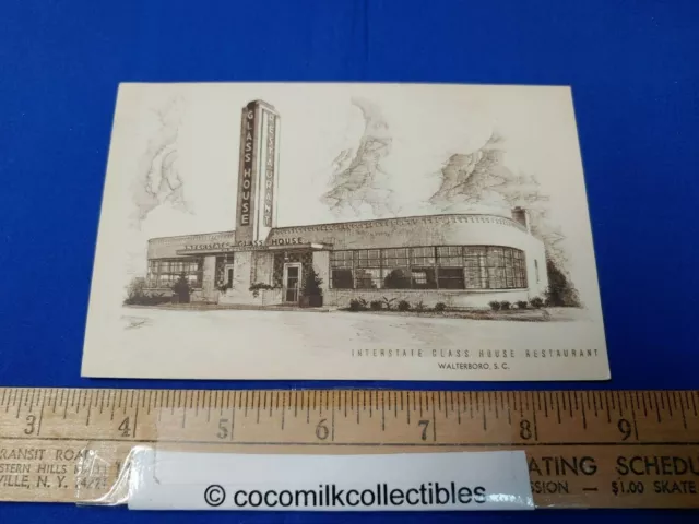 Postcard 1950s Interstate Glass House Restaurant Walterboro SC Art Deco Blk Whi