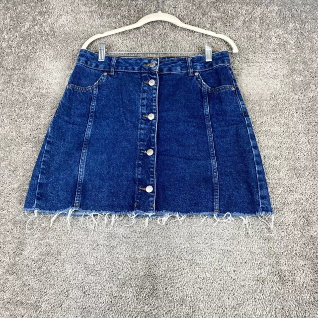 Topshop Moto Denim Mini Skirt Women's 8 Blue Button Front Frayed Hem Cotton