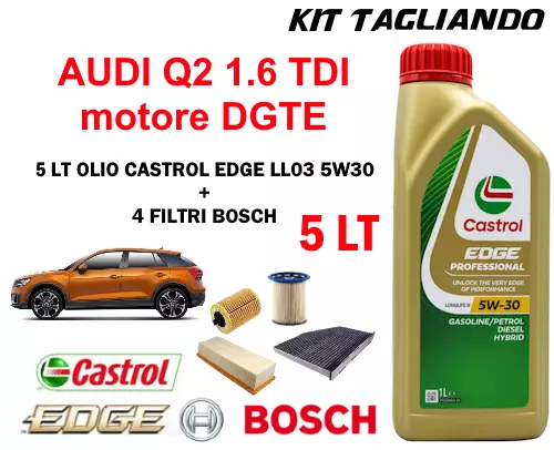 KIT TAGLIANDO OLIO CASTROL LL03 5W30+FILTRI BOSCH AUDI Q2 1.6 TDI mot DGTE