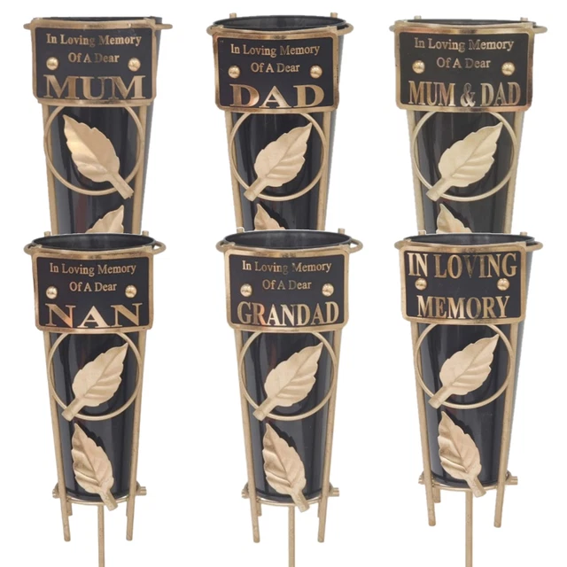 BLACK GRAVESIDE MEMORIAL Flower Vase with Gold Stand Choose Design £