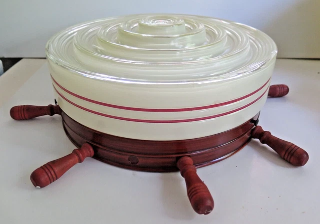 Vintage Nautical Captain Ship Wheel Ceiling Light Fixture Glass 1950s
