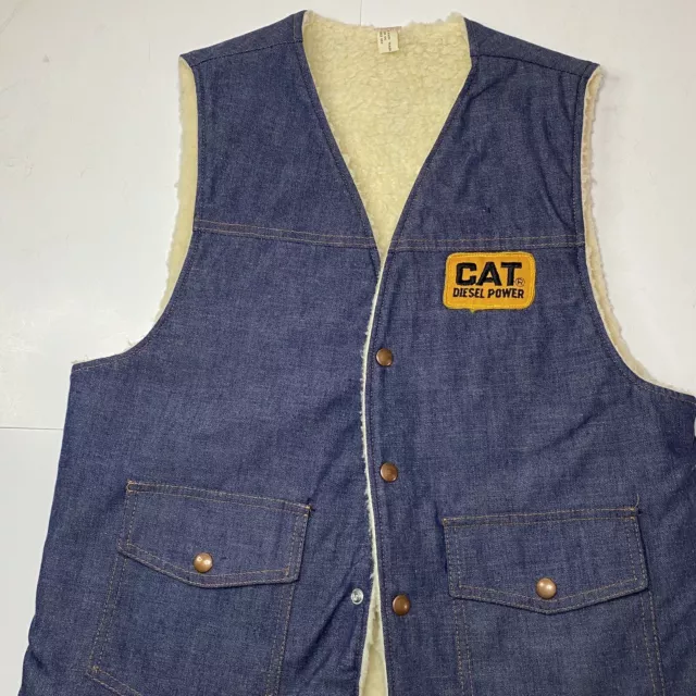 VTG 70s Patch CAT Caterpillar Vest Denim  Diesel Power Soft Inside