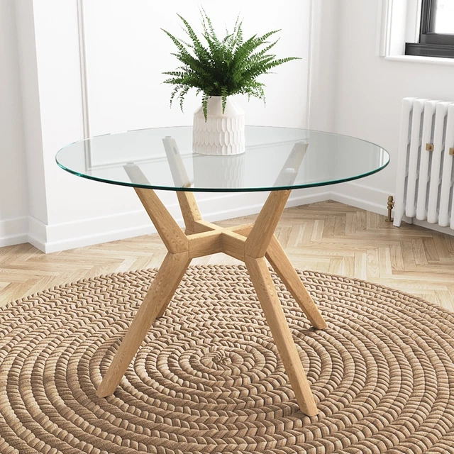 LARGE ROUND GLASS Top Dining Table with Oak Legs Seats 4 Nori