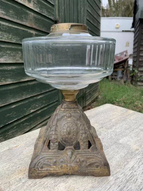 Vintage Oil Lamp Clear Patterned Glass font & Cast Iron Base