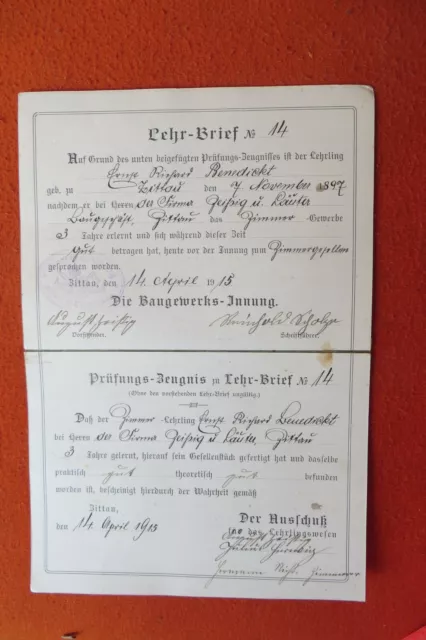 ALTER Lehrbrief mit Prüfungszeugnis 1915 -Baugewerks-Innung- Zittau und Umgebung