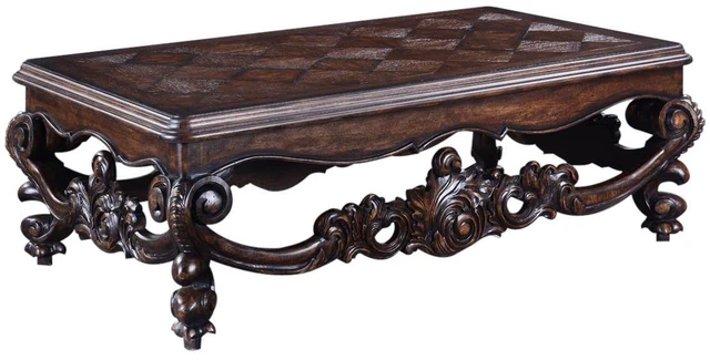 Cocktail Table Baroque Rococo Carved Wood Distressed Walnut, Antique Textured