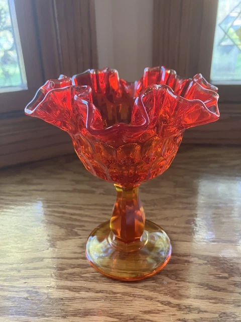 Fenton Thumbprint Colonial Orange Footed Compote 6x6 Round  Double Crimped Crest