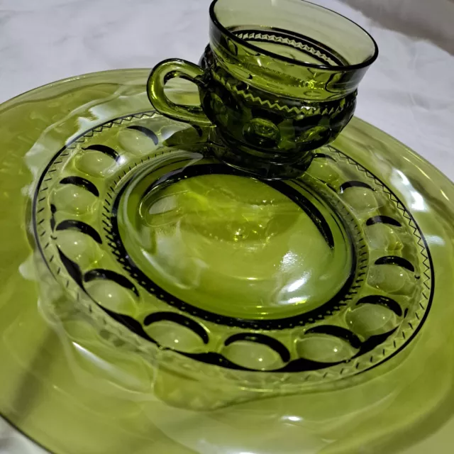 VTG Indiana Glass Kings Crown Thumbprint Green Snack Lunch Plate & Cup 10.5"