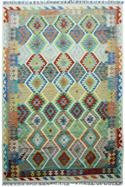 Teppich Afghan Maimana Kelim Handwebteppich 100% Wolle 200x290 cm Rug grün rot