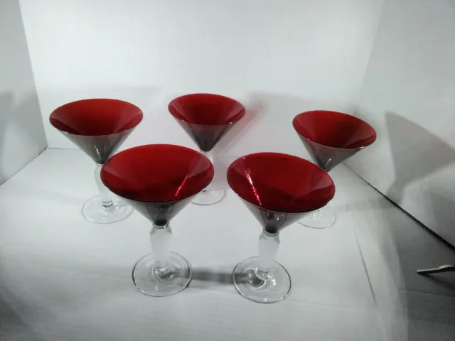 Global Amici Italian Martini Glasses Burgundy Glass PERFECT CONDITION SET OF 5