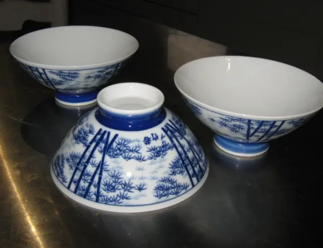 3 Vintage Chinese noodle rice bowls blue & white bamboo pattern
