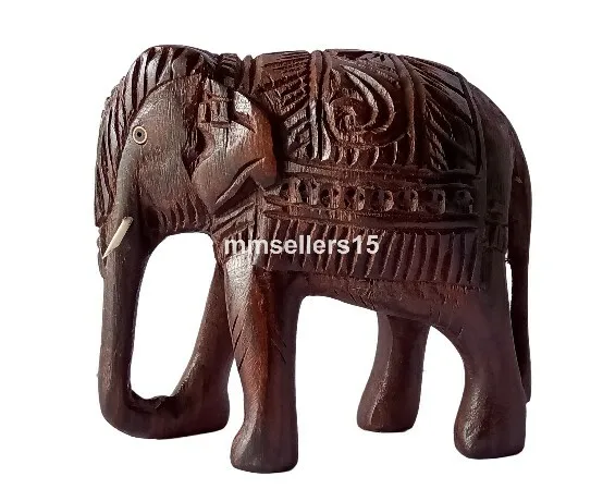 Handmade Wood Wooden Elephant Hand Carved Figurine Lucky Statue Sculpture Decor 2