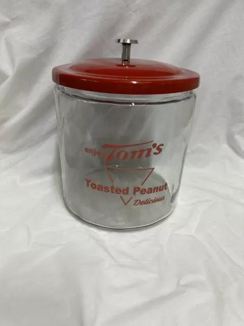 Tom’s Toasted Peanuts Round Glass Jar With Red Metal Lid