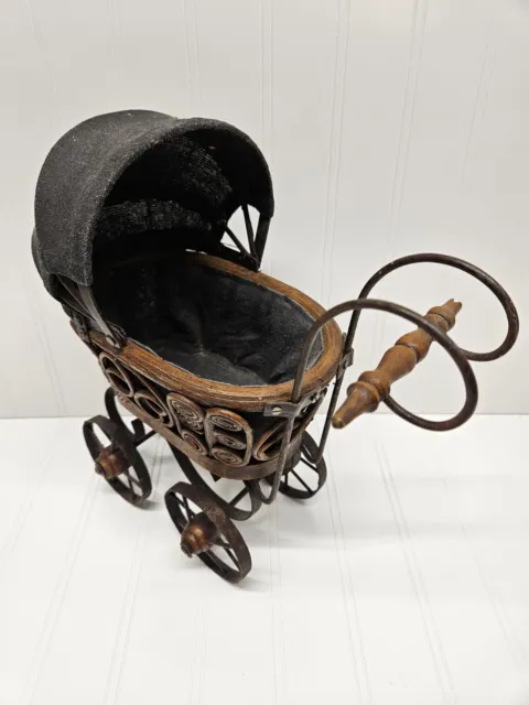 Rustic Table Top Wood Wicker Metal Vintage Carriage Baby Stroller Buggy Decor