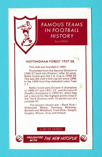 Fussball - D. C. Thomson - Fussballteamkarte - Nacht.  Wald Von 1959 - 1962 2