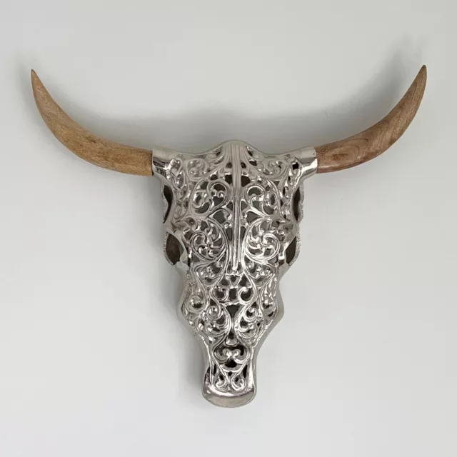 Metal Cow Skull Wooden Horns Bison Animal Head Wall Buffalo Sculpture Taxidermy